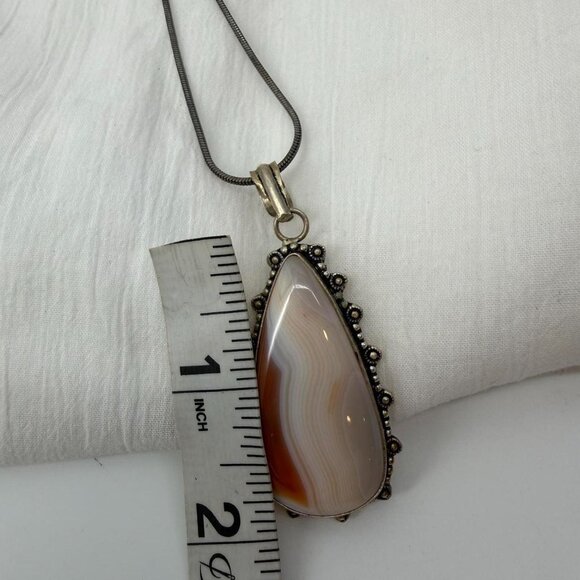 Vintage Agate & 925 Sterling Silver Pendant, Silver-tone Necklace - Picture 2 of 3